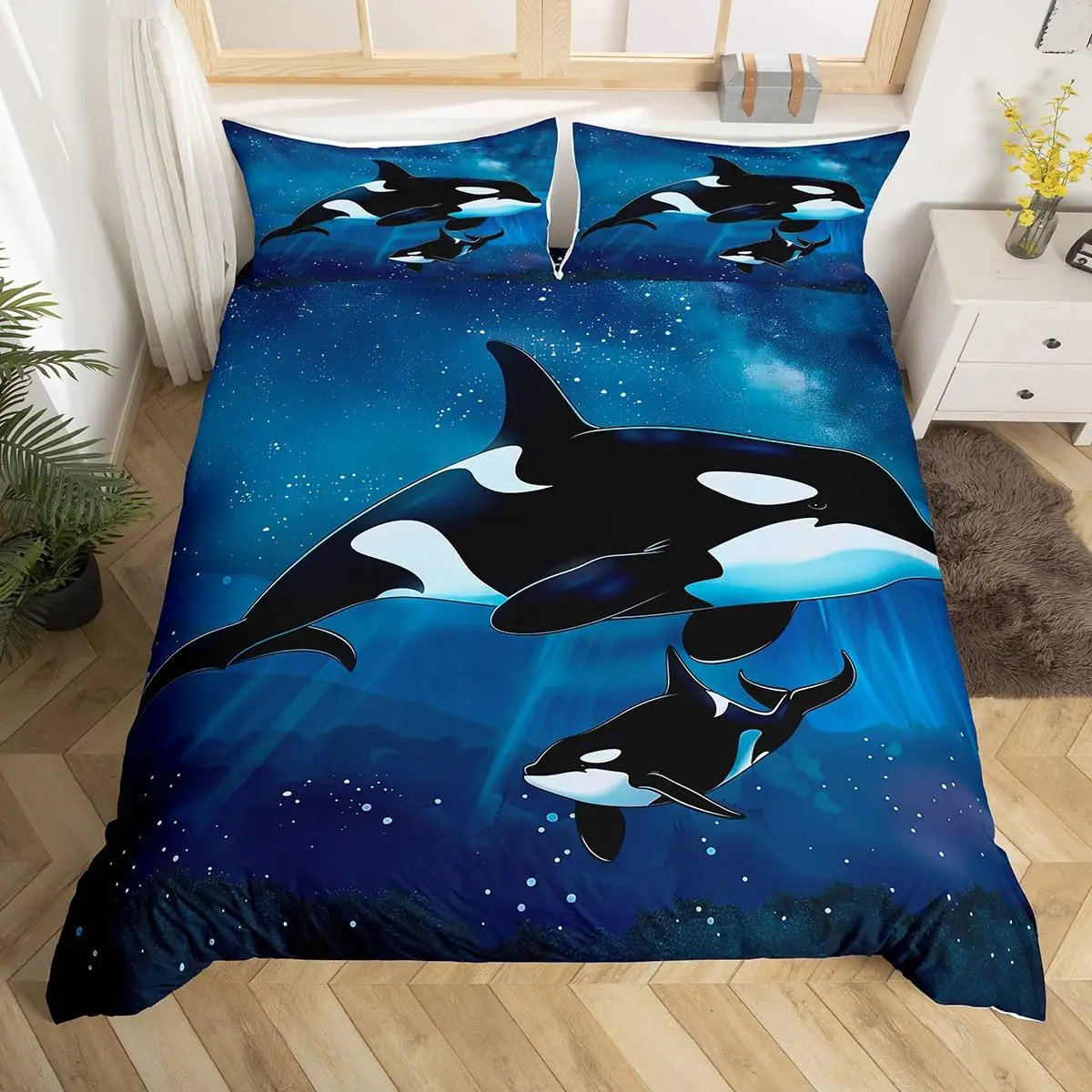 Cute Cartoon Killer Whale Duvet Cover Ocean Orca Bedding Set,Coastal Marine Animal Print Comforter Cover Twin Queen for Boy Girl