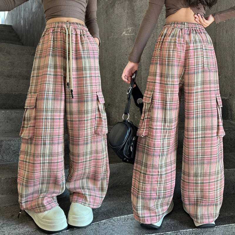 

Multi-Pocket Pink Plaid Pants For Girls 6 8 10 12 14 Years Spring Autumn Teenager Girls Cargo Pants Fashion Kids Trousers KP12