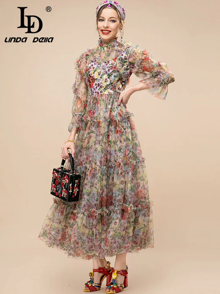 

LD LINDA DELLA Summer Runway Fashion Party Dress Women Flare Sleeve Applique Flower Embroidery Mesh Vintage Long Dresses