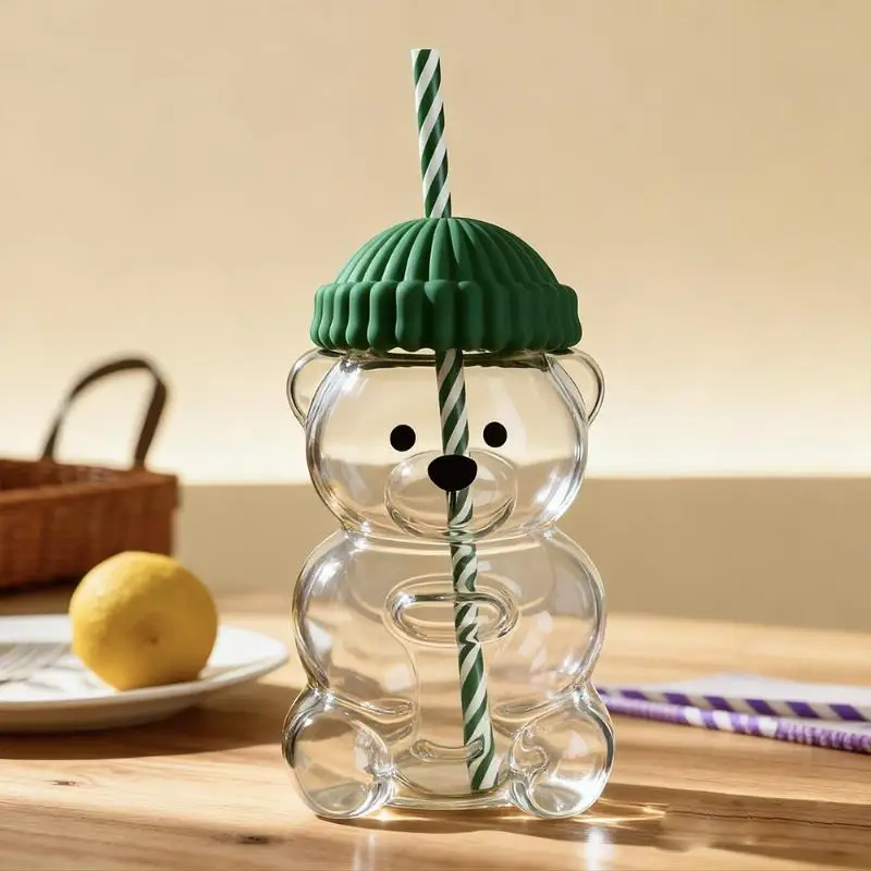 ♥ Niedliche wasserflasche aus Kunststoff in Bärenform |   Wiederverwendbarer Trinkbecher mit Strohhalm und Deckel für Kinder und den täglichen Gebrauch