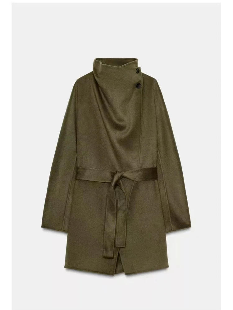 

2025 Autumn New Commuter High-End Feel Wool Blend Coat with Belt High Collar Ladies Outerwear Medium Length Long Sve