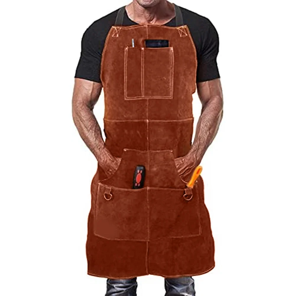 Cowhide Leather Industrial Use Heat And Flame Resistant Apron Leather Work Apron 6 Large Pockets Chest To Knees Coverage