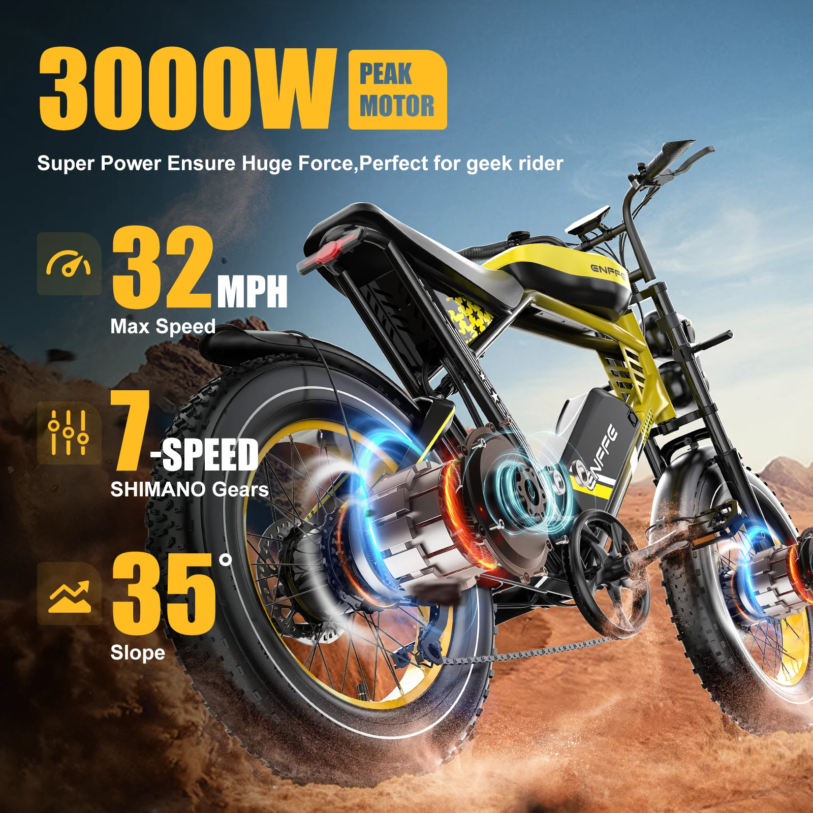 Bici elettrica da 3000 W Pneumatici grassi da 20 pollici fuoristrada 48v 45ah 32MPH 200 miglia Display LCD freno a olio a 7 velocità con avvio NFC Protezione BMS
