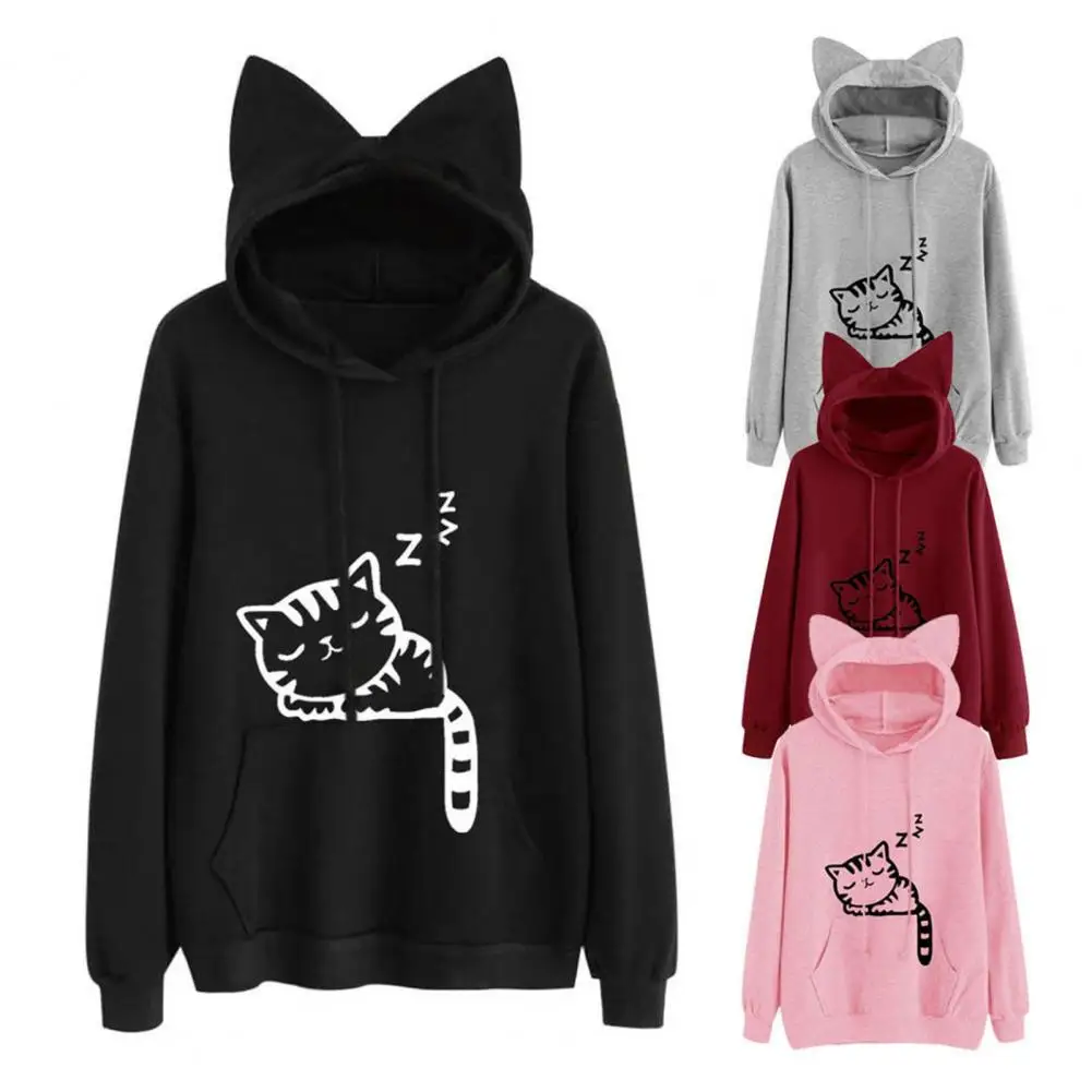 Hoodie for Women Cozy Cat Ear Decor Hoodie with Big Pocket Cute Kitty Printing Full Sleeves Loose Pullover 2024 Women's Clothing