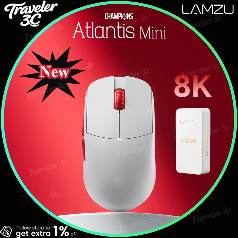 Novo lançamento LAMZU Atlantis Mini 8K Mouse para jogos sem fio Blazing Snow Red & White Edição limitada 51g leve PAW3950 presente