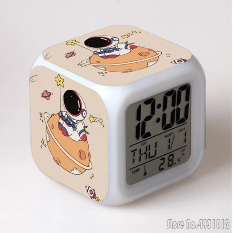 Anime Colorful Cartoon Astronaut Alarm Clock Creative Student 8x8x8cm LED Cube with Colorful Light Display Time Week Month