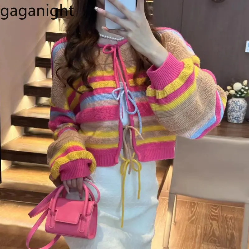 Gaganight Women Dopamine Wearing Rainbow Striped Bow Tie Knitted Cardigan 2024 Women's Autumn Winter Korean Chic Sweater Jacket