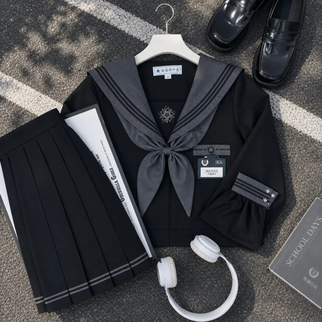 Conjunto de Uniforme Escolar de Marinero Negro para Mujeres y Niñas, Uniforme JK para Estudiantes de Secundaria, Seifuku Coreano, Fuku Japonés de Marinero