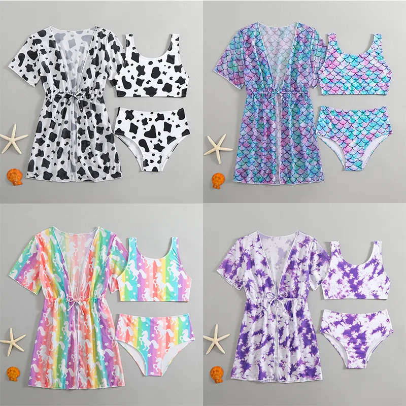 Girls 3 Piece Swimsuit Bikini Sets Hawaiian Cover Up Bikini Bathing Suit with Outer Net Fabric Coat for outdoor sandbeach view 2