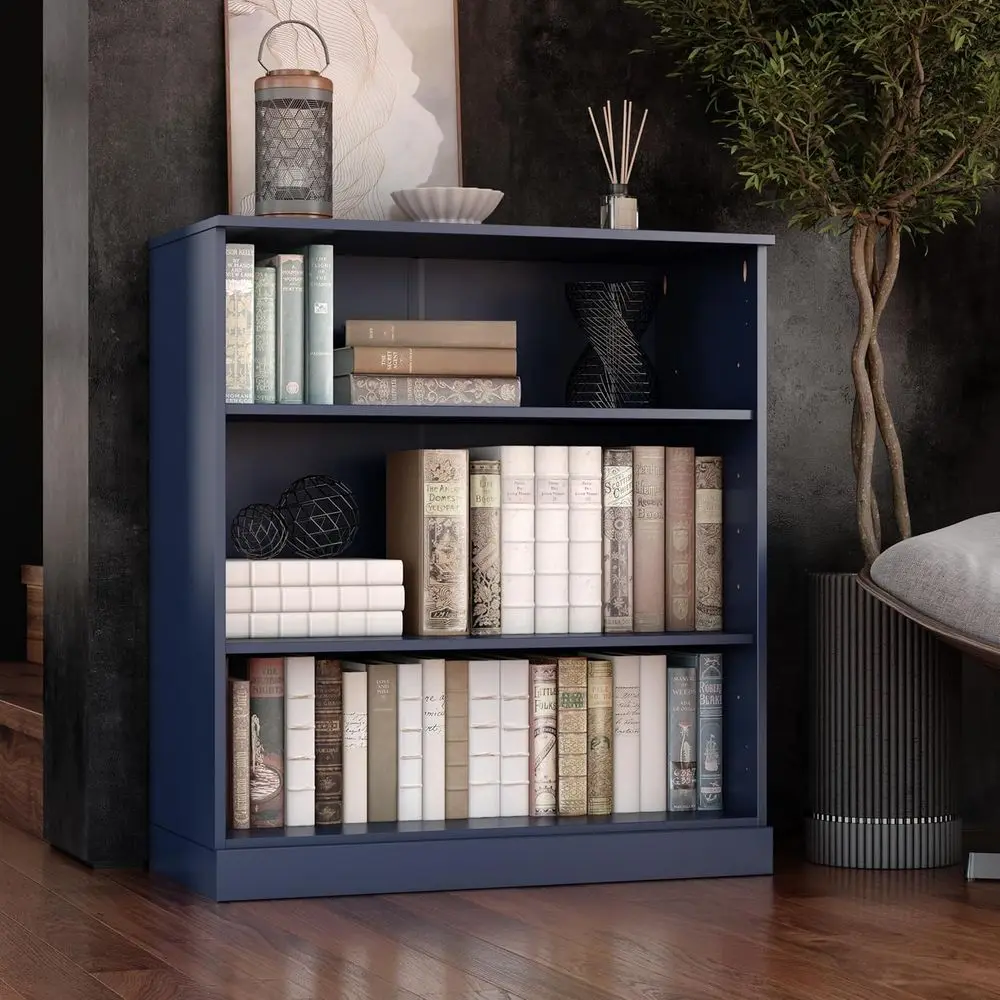 

36 3-Tier Solid Wood Bookshelf - Navy Blue, 32 Wide, Eco-Friendly, Made in Brazil