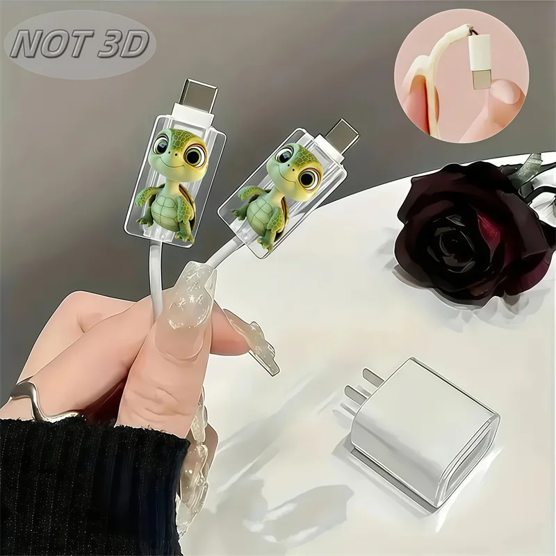 Zdjęcie 7: 2D Płaskie 2 szt. Urocze Ochraniacze na Kabel do Ładowarki Telefonu w Kształcie Żółwia z Kreskówki, Osłonka Ochronna na Kabel do Transmisji Danych do iPhone/Type-C