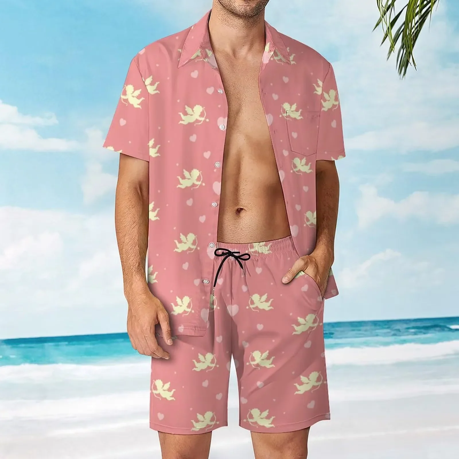 

Повседневная мужская рубашка из двух предметов с коротким рукавом, модные шорты, пляжный комплект, повседневные комплекты летней мужской одежды в гавайском стиле для отпуска