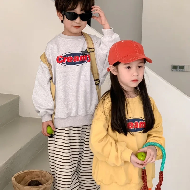 

2025 Winter New Children Fleece Sweatshirt Girls Letter Print Casual Pullover Plus Velvet Thick Kids Boys Long Sleeve Warm Tops