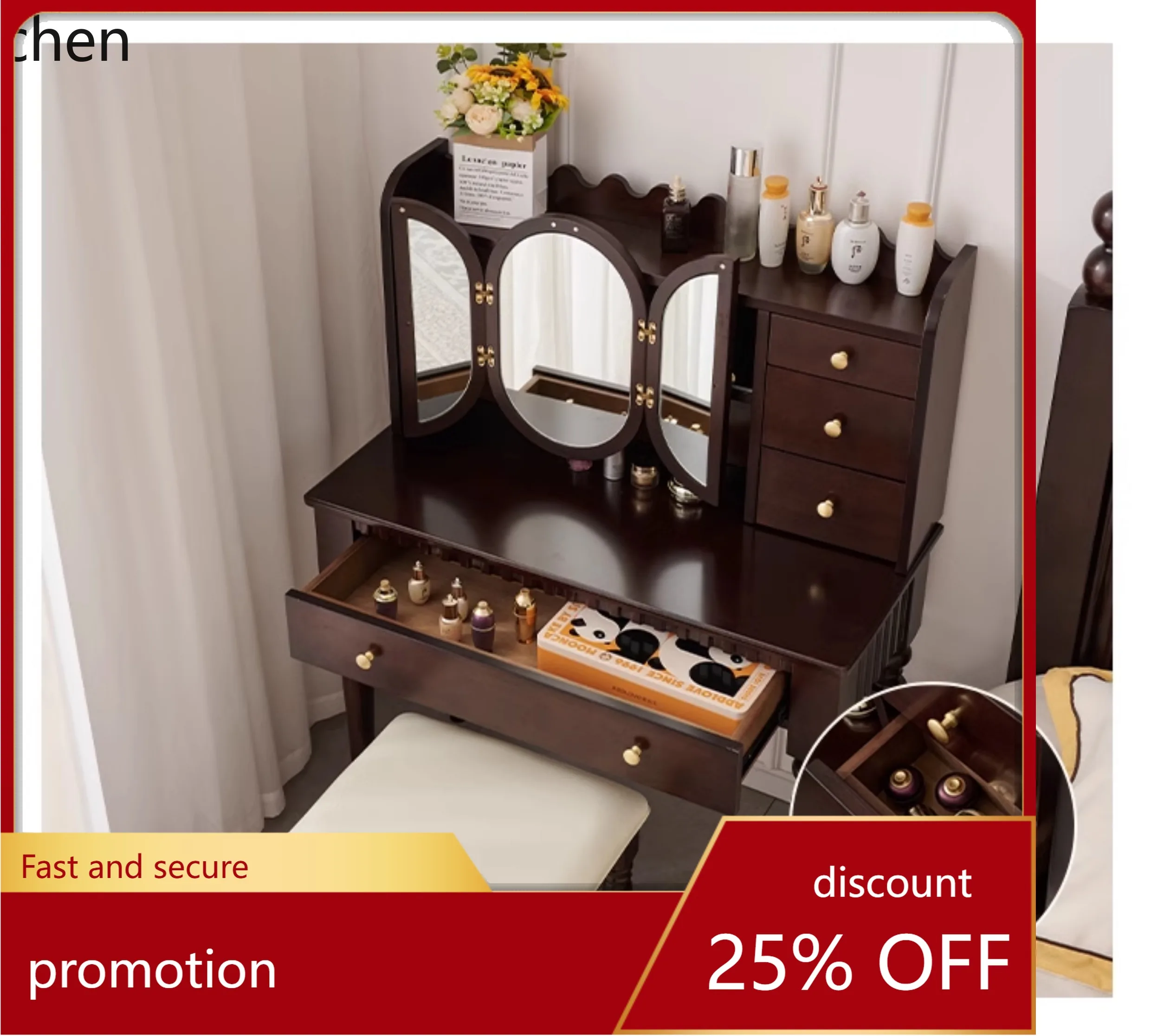 ZML light luxury retro pure solid wood master bedroom makeup table with storage box mirror