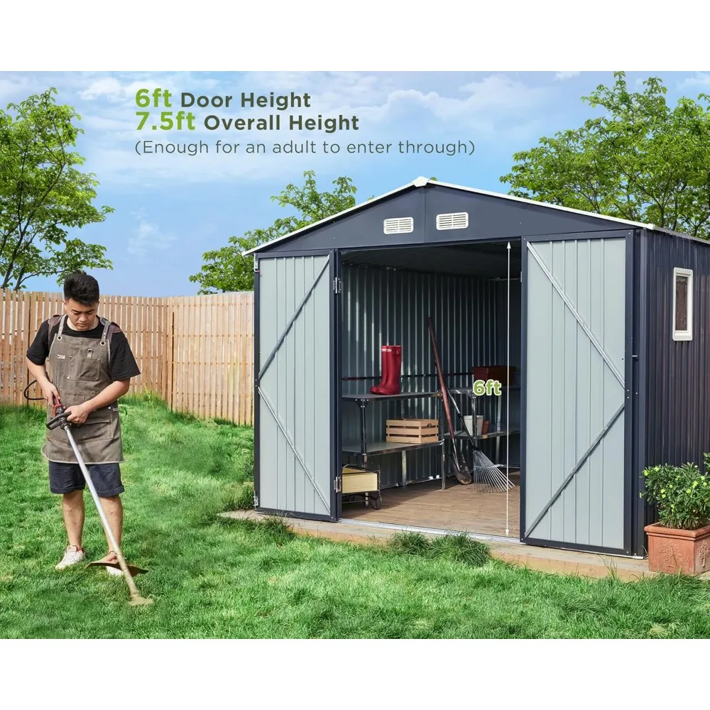 10x12x7.5 FT Outdoor Storage Shed, Galvanized Steel Metal Garden Sheds with 2 Light Transmitting Window