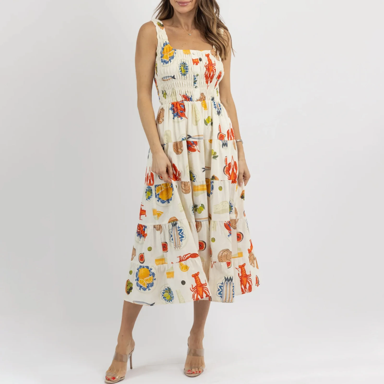 

Thorn Tree Women Summer Kawaii Fruit Print Maxi Dress Spaghetti Strap Sleeveless Backless Floral Midi Dress Female Vestidos 2024