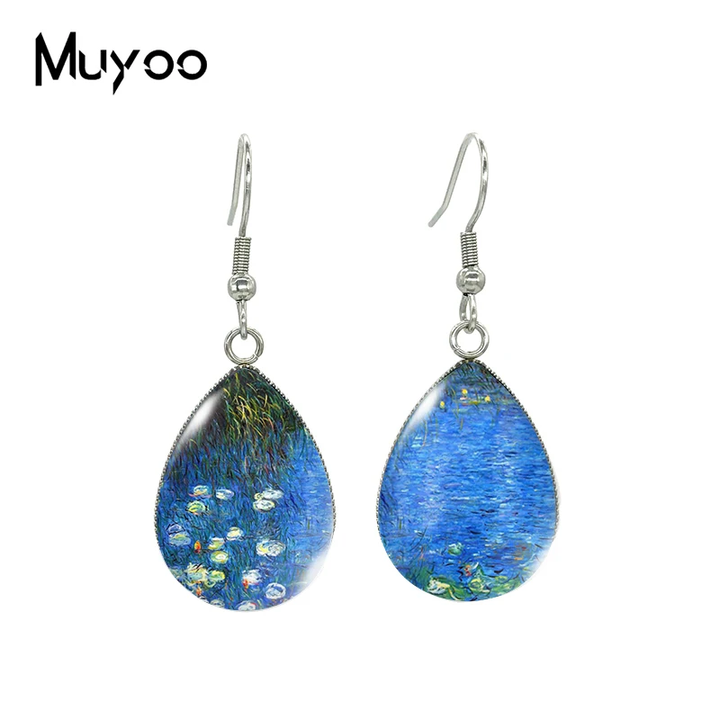 2022 New Claude Monet Water lily Paintings Tear drop Earring Art Fish hook Earrings Glass Cabochon Jewelry Handmade Items