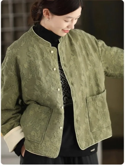 

Warm Cotton Jaet Autumn Winter Women's Clothing Commute Sle Loose Fit Long Sve Single Button Closure Embroidered Hemp