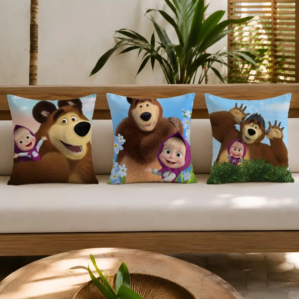 Cushion Cover Double-Sided Plush Sofa Cushion Covers Organic Breathable Invisible Zipper M-Masha And B-Bears