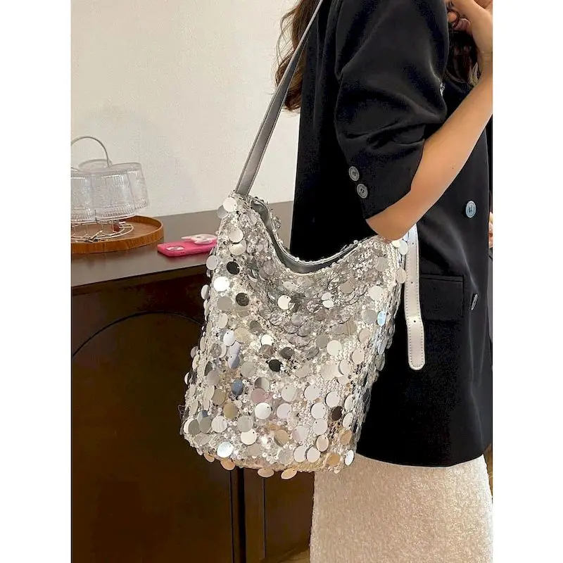 

Elegant Crossbody Bags Women Solid Korean Style Versatile Handbags Aesthetic Luxury Lady Fashionable Sequin Design Bucket Bags