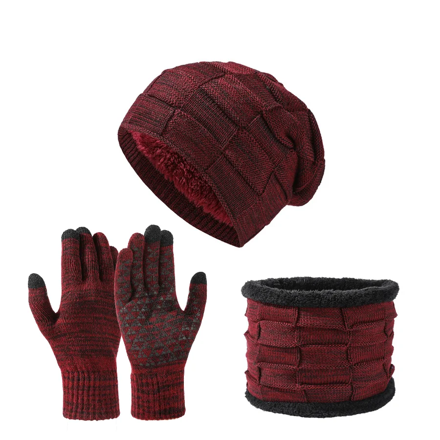 Herbst Winter Unisex warme und weiche Winter-Fleece-gefütterte Strickmütze, Schals und Touchscreen-Handschuhe 3-teiliges Set