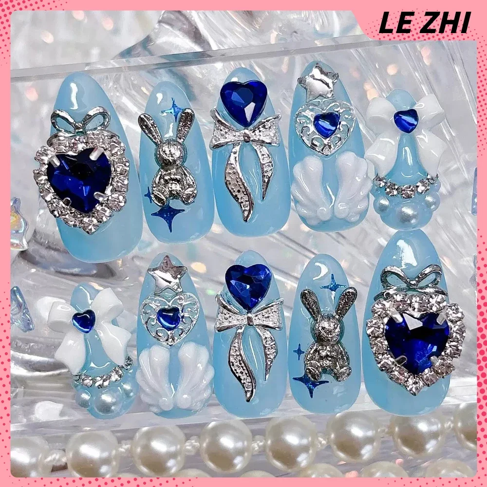 10Pcs Sweet Cool Dopamine Almond Handmade Press On Nails Butterfly Rhinestone Metal Chain Full Cover Fake Nails Wearable Nail