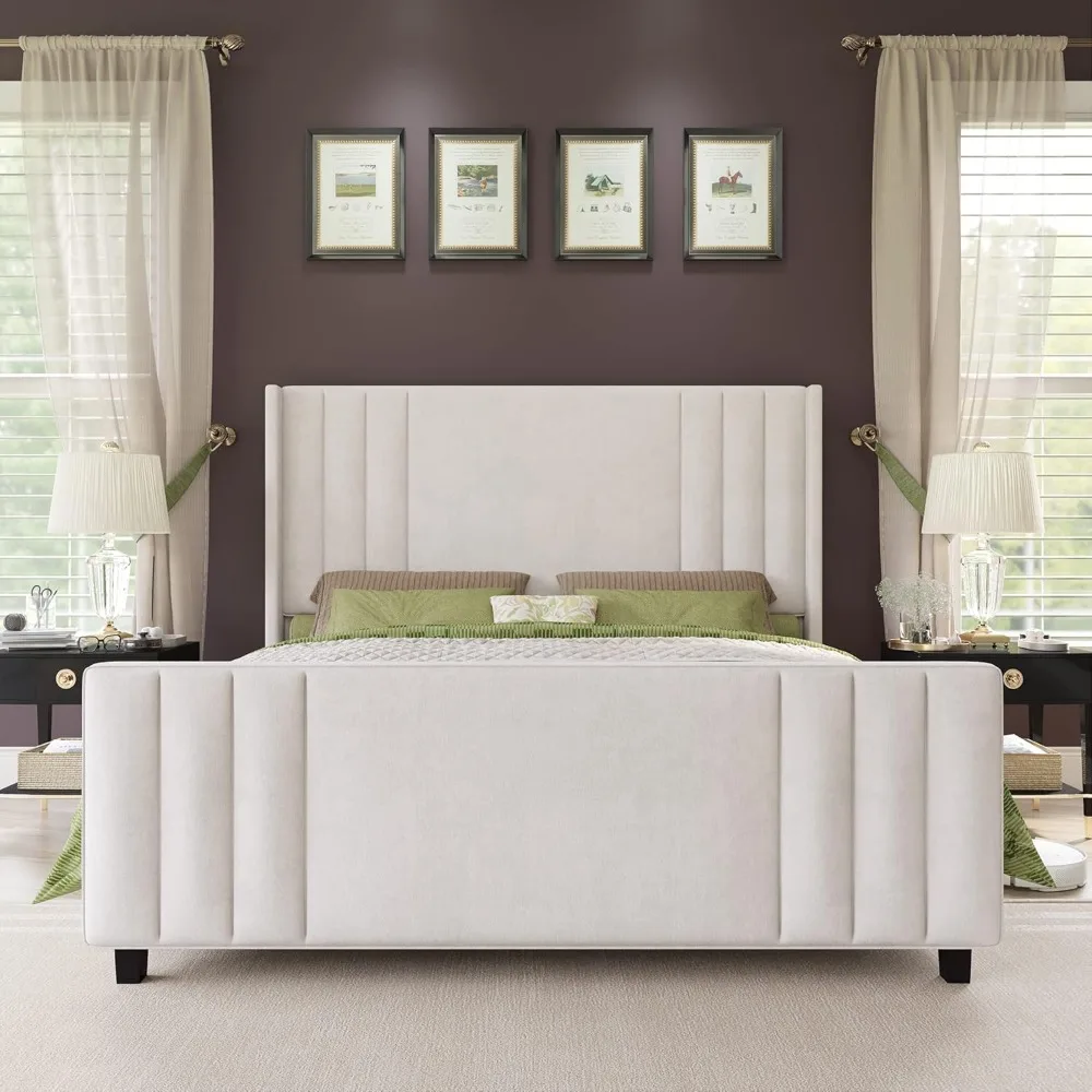 Queen Size Bed Frame, Velvet Upholstered Platform Bed with Vertical Channel Tufted Headboard & Footboard/Wingback, Mattress