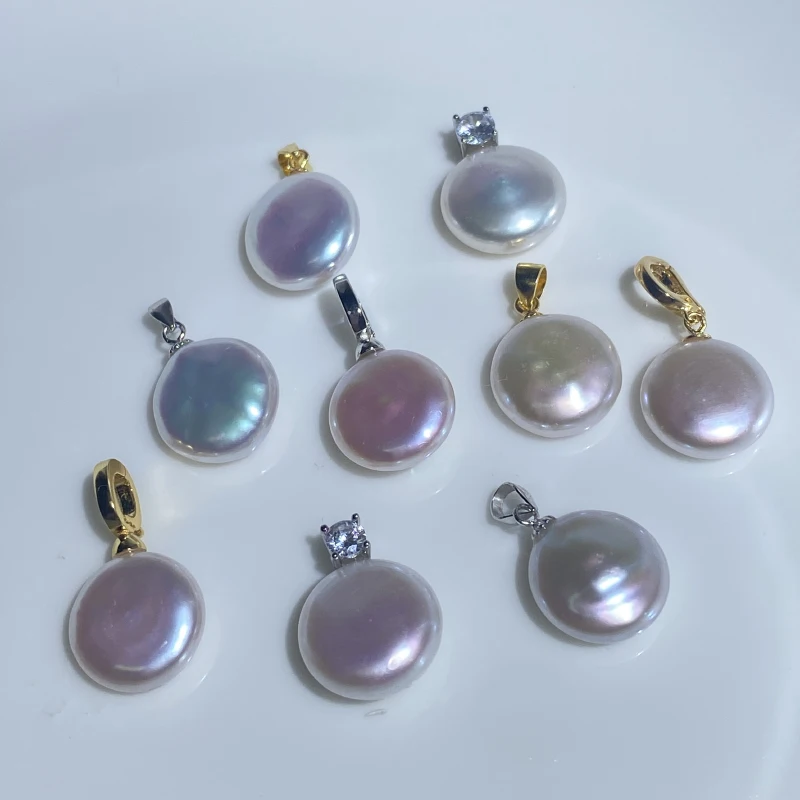 5A Superbright light Natural Freshwater Baroque button Pearl Pendant S925 sterling silver buckle necklace Pendant 13-14MM PBC
