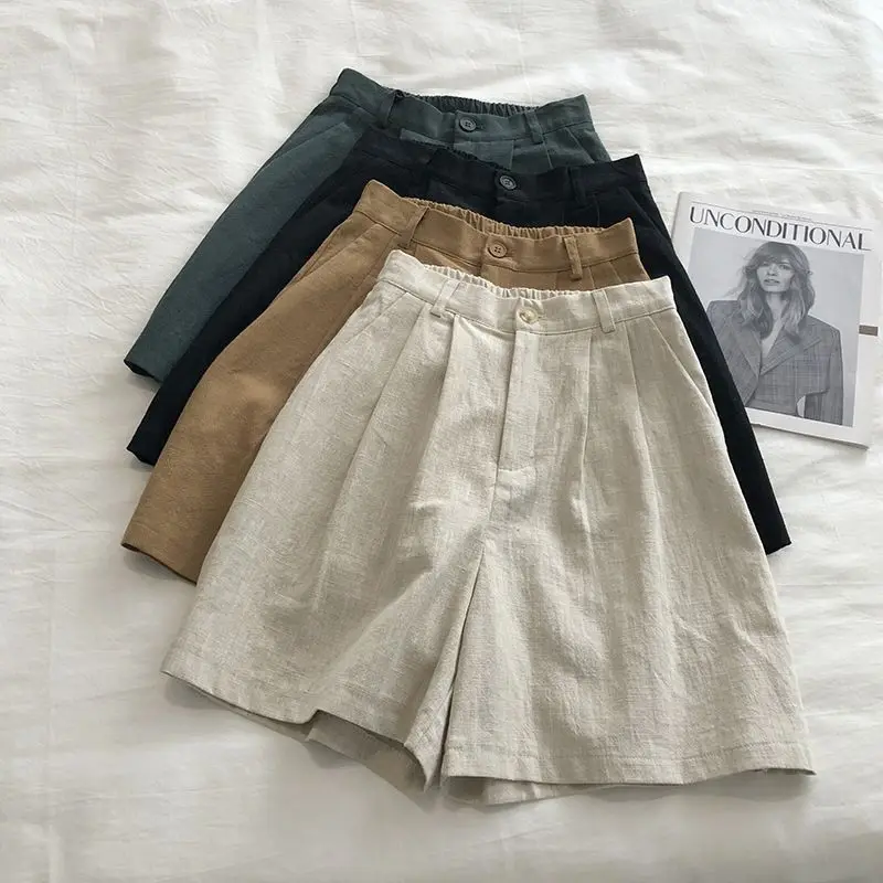 Pantalones Cortos Bermuda de Mujer de Algodón y Lino, Estilo Japonés Vintage, de Cintura Alta, Estilizadores, de Pierna Ancha, Casuales, Chic Coreano, Dulces, Colección Primavera Verano 2026