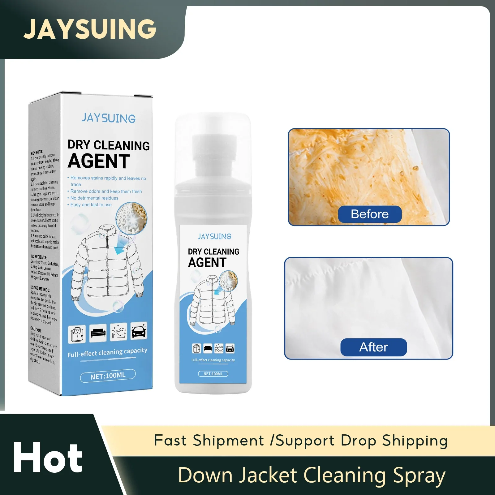 Down Jacket Dry Cleaning Spray Downwear Detergent Agent Dry Cleaner Oil Stain Remover Down Jacket Clothing Foam Cleaning Liquid