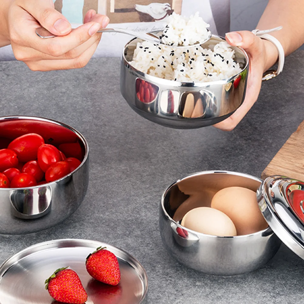 

1Pcs Stainless Steel Double Wall Rice Bowl Covered Design Insulated Container for Home Office Serving Snacks Silver Size