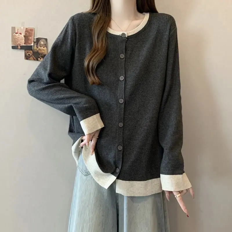

Women Clothing Contrast Plus Size Korean Tops Spring Autumn New Long Sleeve Loose Patchwork T Shirts Fashion Lazy Style JJ1279