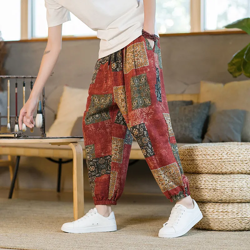 

Лето 2025 г., повседневные мужские брюки из хлопка и льна, свободные широкие брюки в стиле Харлан с цветочным принтом, свободный крой, удобные брюки большого размера