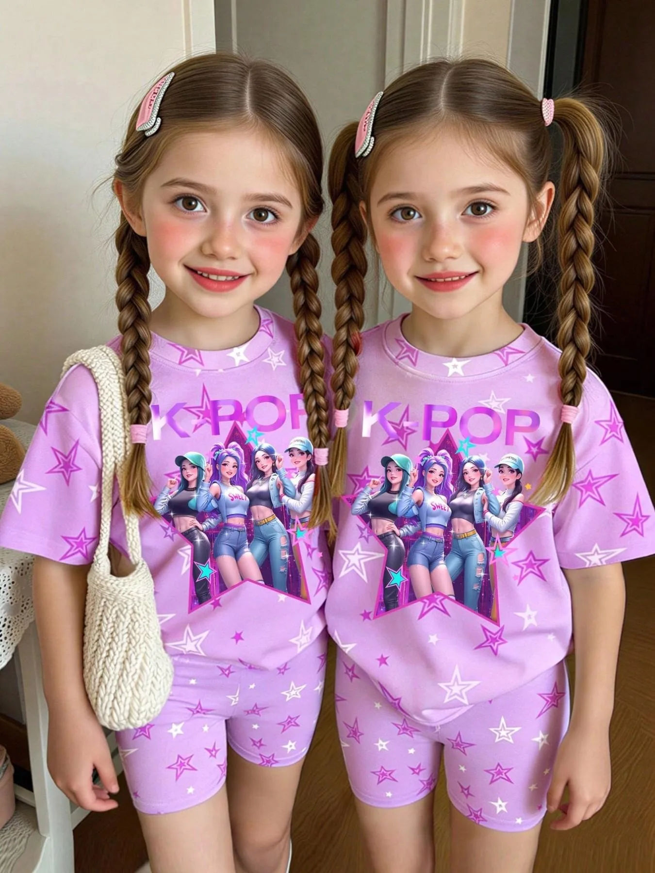 Conjunto de 2 piezas para niñas con estampado de estrellas de K-POP, camiseta de manga corta y pantalones cortos de ciclista, ropa informal de calle para verano, conjunto de ropa informal para el día a día