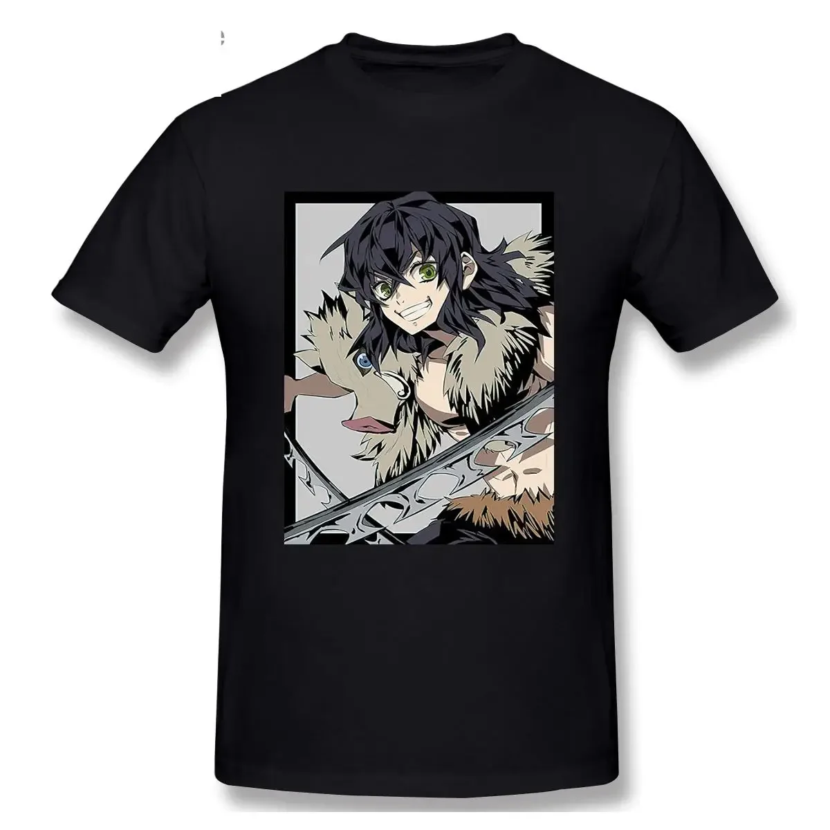 Fashion Japanese Anime Demon Slayer T Shirt Men Cool Hashibira Inosuke Print T-shirts Mens 100% Cotton Tops Round Collar