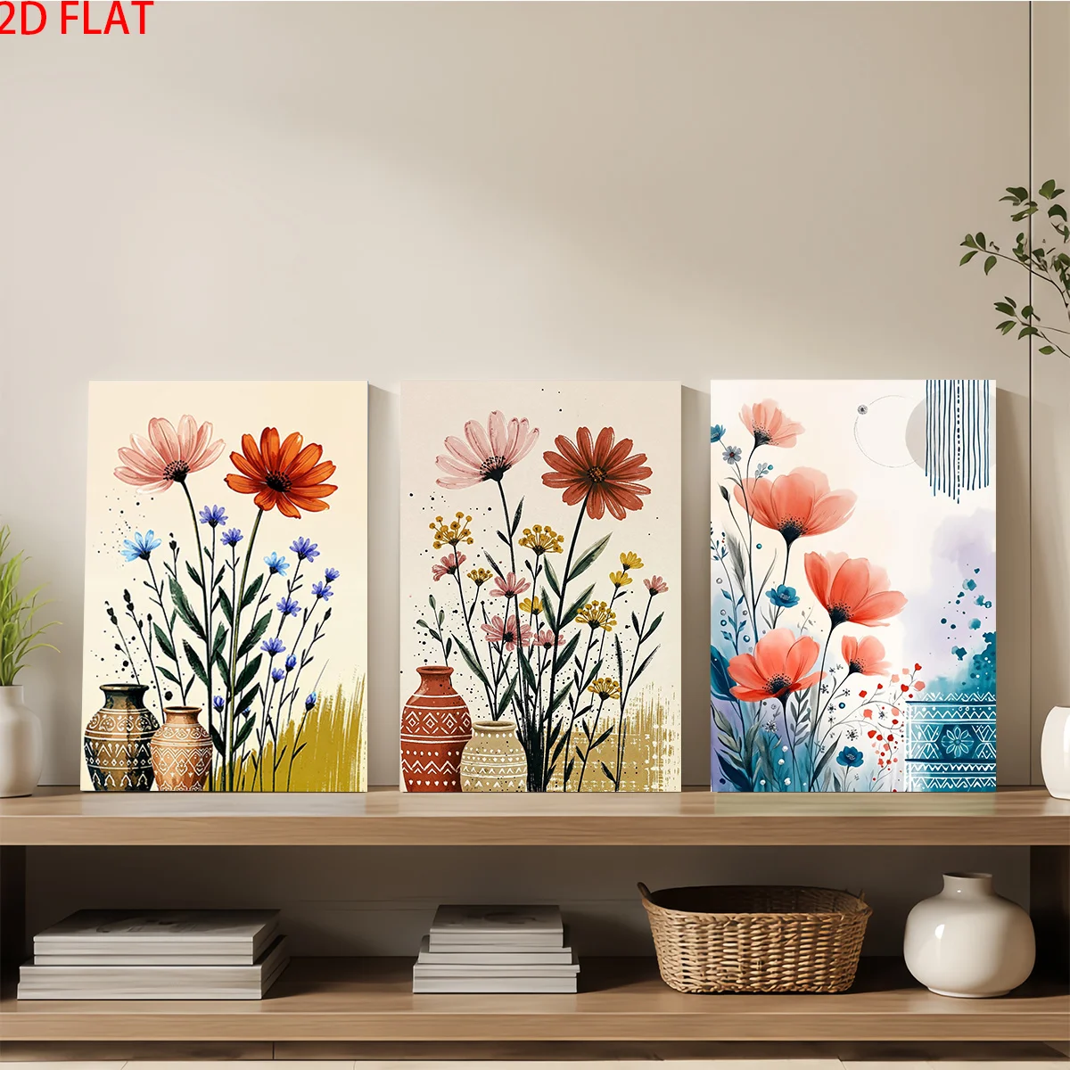Frameless Canvas 2D Flat 3pc Wall Art – Three Canvas Paintings With Colorful Flower And Vase Patterns Perfect For Aesthetic