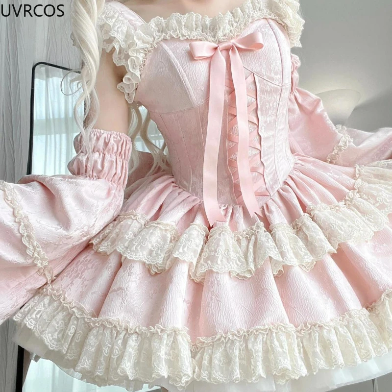 Sweet Elegant Lolita Princess Dress Women Kawaii Cute Lace Ruffles Bow Slim Dresses Japan Harajuku Y2k Evening Party Mini Dress