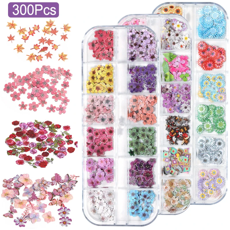 300Pcs Colorful Flower Ultra-thin Resin Filling Wood Pulp Slice Small Daisy DIY Nail Decals Manicure Decoration Accessories