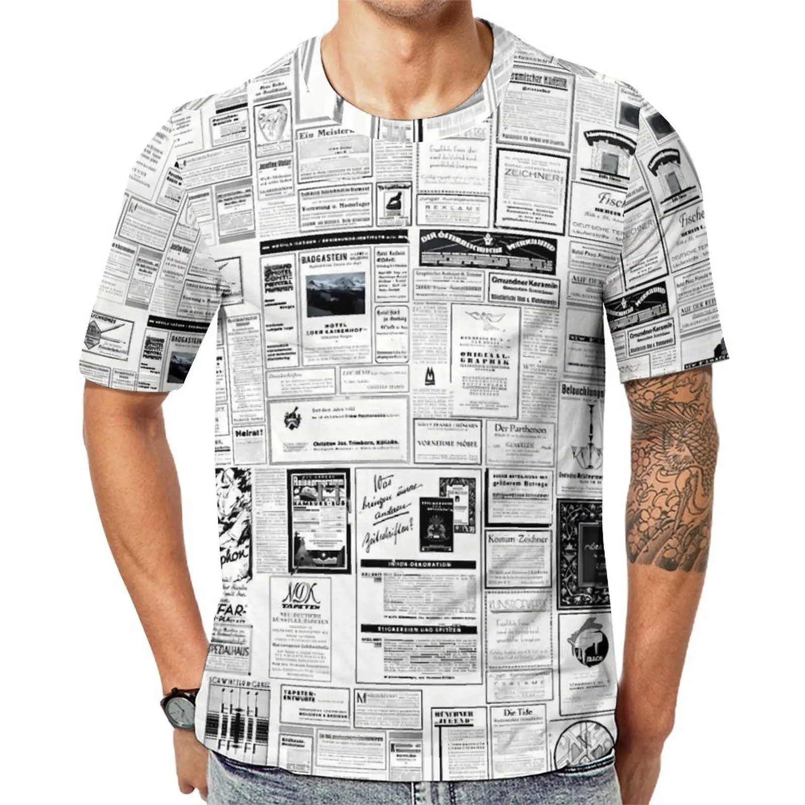 Men Newspaper Print T Shirt Vintage Advertising Fashion T-Shirts Short Sleeve Custom Tops Cheap Beach Casual Oversized Tees