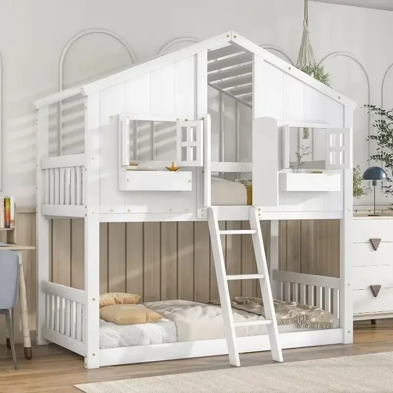 Bunk Bed Twin Over Twin Kids Bunk Bed Wood Frame with Roof, Window, Window Box, Door(Twin Size, White)