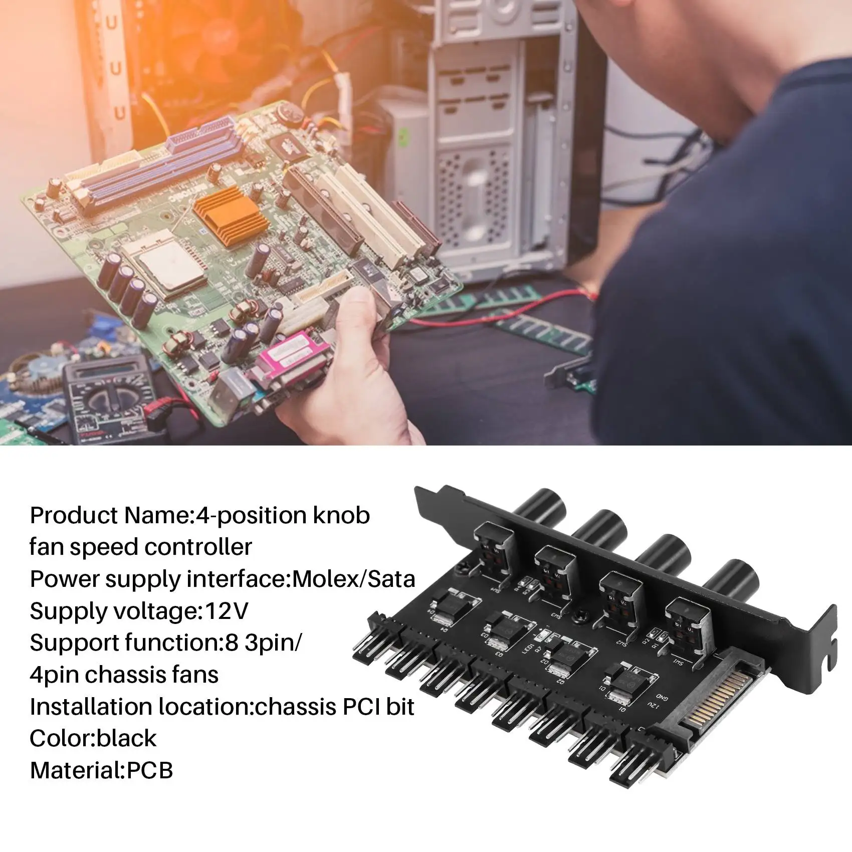 Pc 8 Channels Fan Hub 4 Knob Cooling Fan Speed Controller For Cpu Case Hdd Vga Pwm Fan Pci Bracket Power By 12V Fan Control