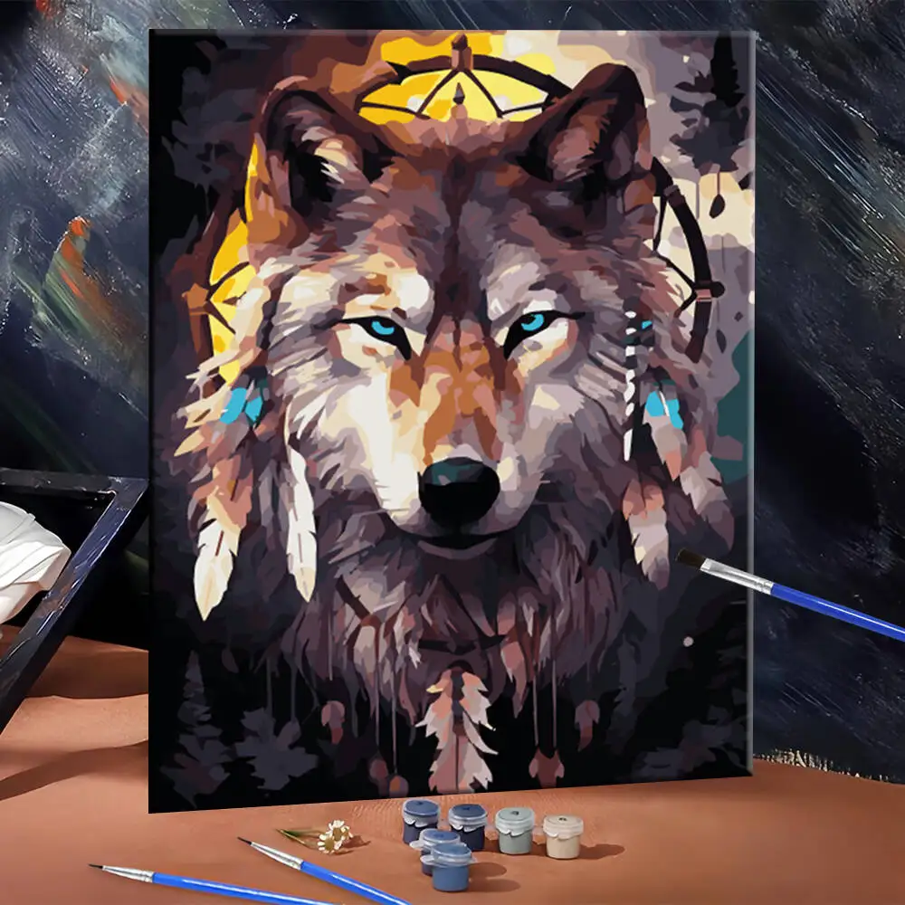 DIY Malen nach Zahlen Wolf Tier Digitales Ölgemälde Traumfänger Kunsthandwerk Zubehör Erwachsene Handgemaltes Geschenk