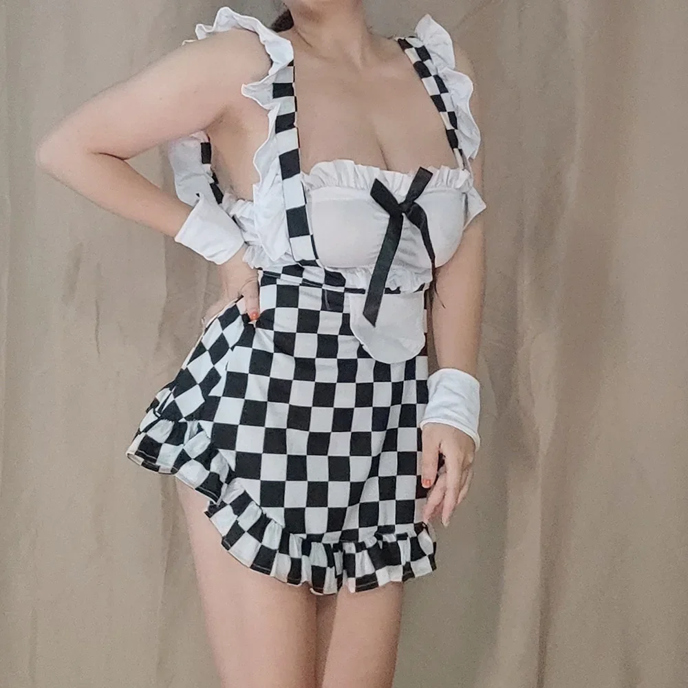 

40-100kg Large Size Maid Uniform Women Sexy Lingerie Racing Queen Black White Checker Maid Dress Erotic Lady Night Underwear