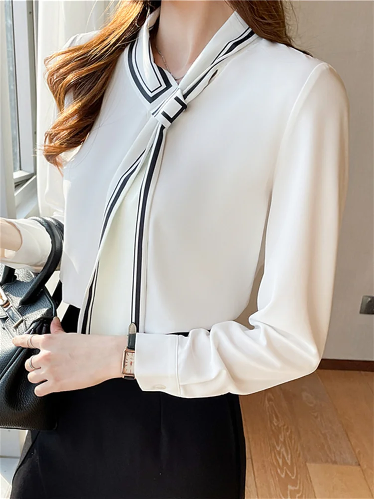 #3234 White Chiffon Blouse Long Sleeve Elegant Office Blouse Women Scarf Collar France Style Ladies Tops And Blouses Spring 2024