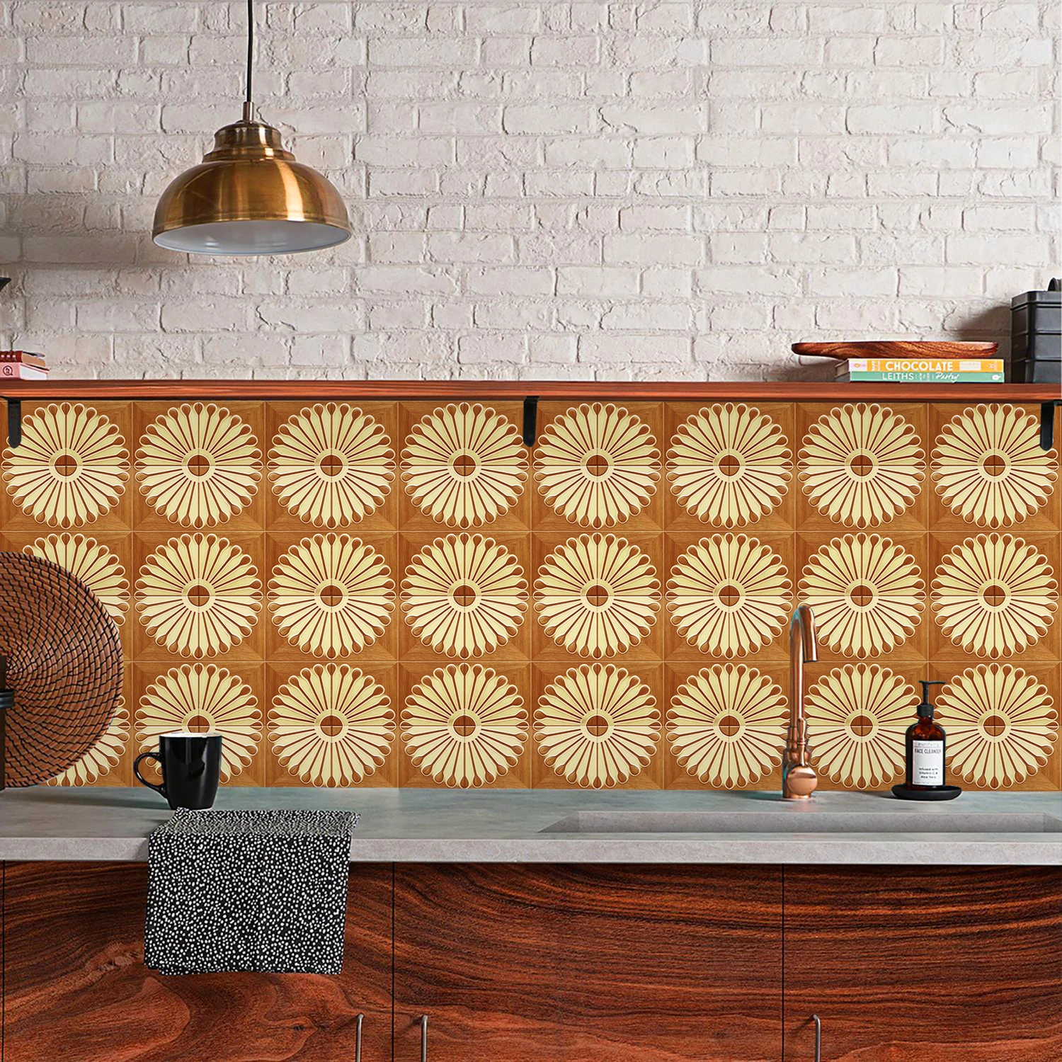 10pcs Deep Warm Brown Wood American Retro Styles Tiles Wall Sticker Kitchen Backsplash Oil-proof Peel & Stick Art Wall Decals