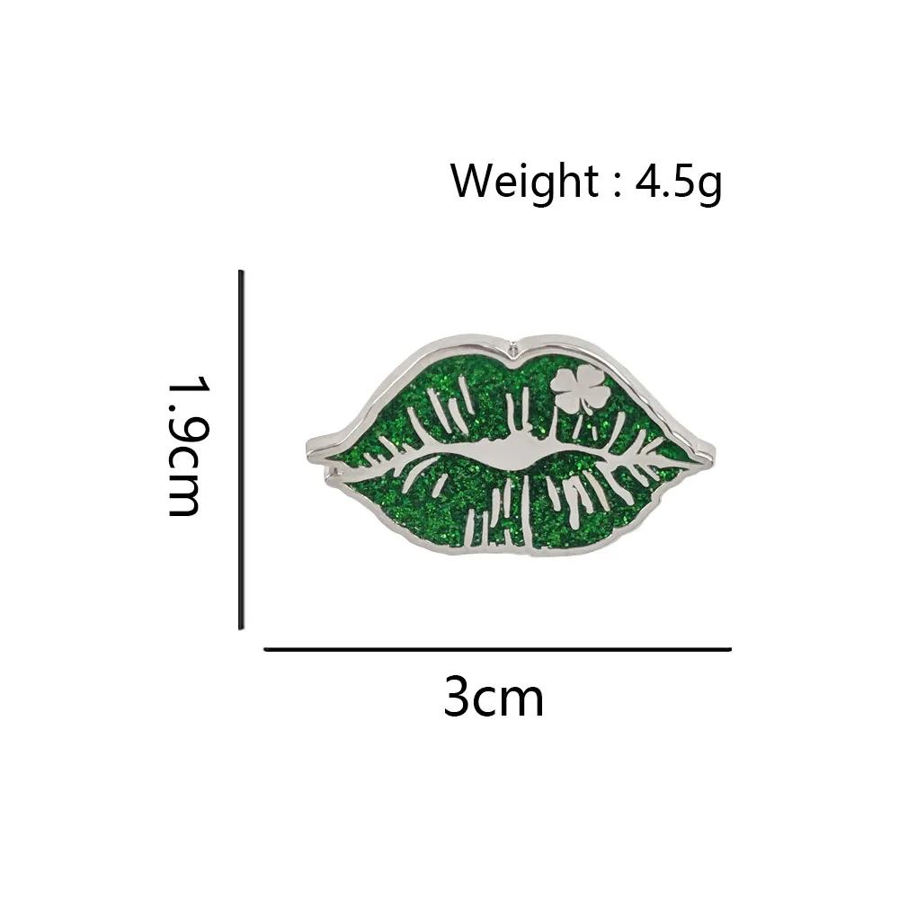 St. Patrick's Day Enamel Pin Green Glitter Sexy Lips Brooch Irish Shamrock Clover Badge Holiday Party Backpack Costume Gift