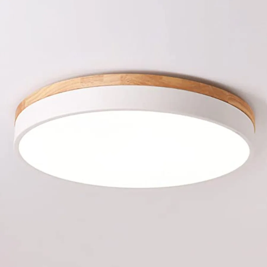 Dimmable Wood LED Flush Mount Ceiling Light, 5CCT 2700K-6000K Modern Round Close to Ceiling Lighting Fixtures, Minimalist White