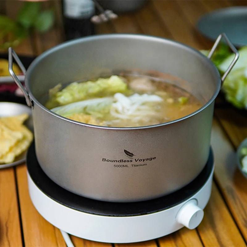 

Boundless Voyage Titanium Stockpot, Big Capacity 5.0L,Outdoor Hiking Picnic Camping Cookware, Soup Pot with Lid Folding Handle