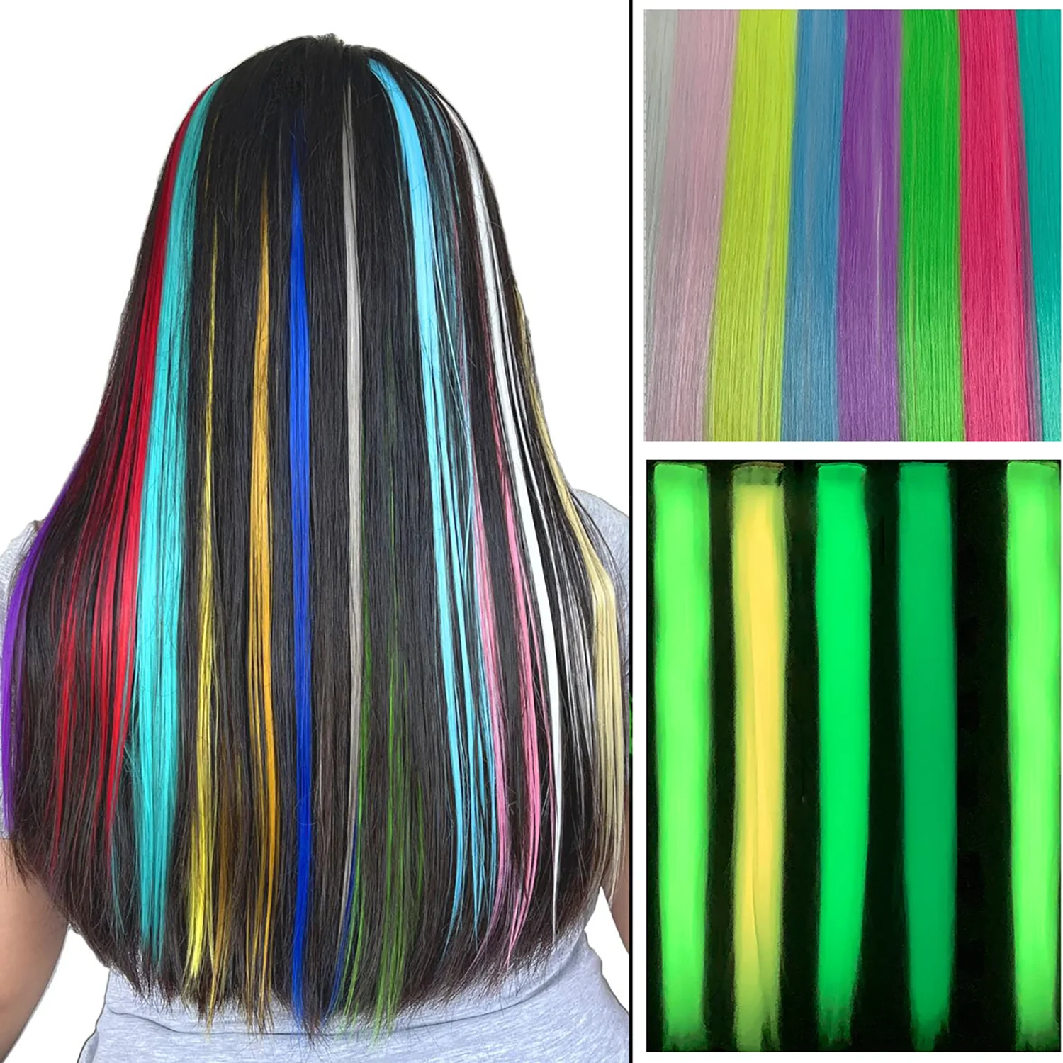 قطعة شعر صناعية ملونة تتوهج في الظلام وصلات شعر بمشبك ملون في وصلات الشعر للفتيات 5 قطعة 20 بوصة #1