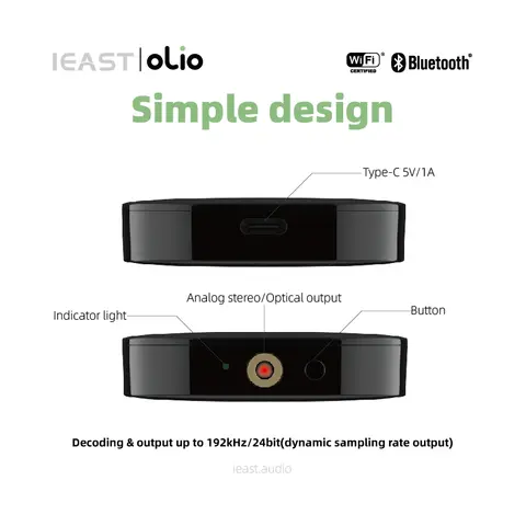 IEAST Olio WiFi 2.4G/5G& Bluetooth Receiver 5.0 Wireless Auido Multiroom Airplay 2 Music Streamer Within Tidal Connect